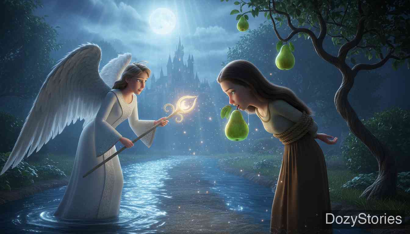 没有手的姑娘 - 姑娘流浪到国王的花园，在天使的帮助下摘梨充饥，随后与国王相遇。 - 场景插画 2