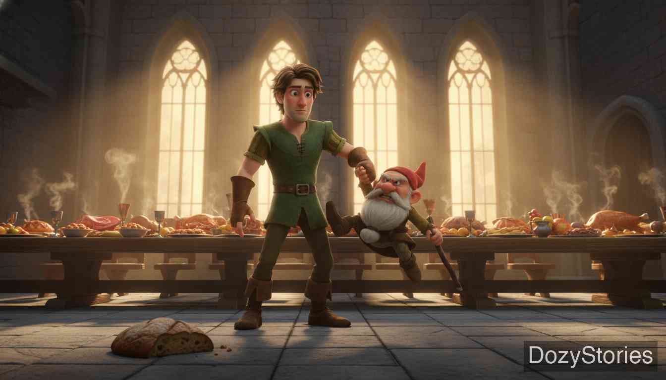 土地神 - 三个年轻猎人去寻找失踪的公主，来到一座无人的城堡。在轮流守家时，前两个猎人都被一个要面包的小矮人打了，只有最小的猎人反击并制服了小矮人。 - 场景插画 2