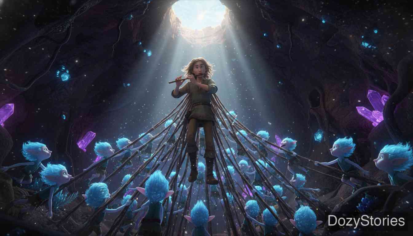 土地神 - 汉斯把公主们送上地面，但想起小矮人的警告，他在篮子里放了块石头试探。果然，他的哥哥们切断了绳子。被困地底的汉斯绝望中吹响墙上的笛子，召唤出无数小精灵带他飞回地面。 - 场景插画 4