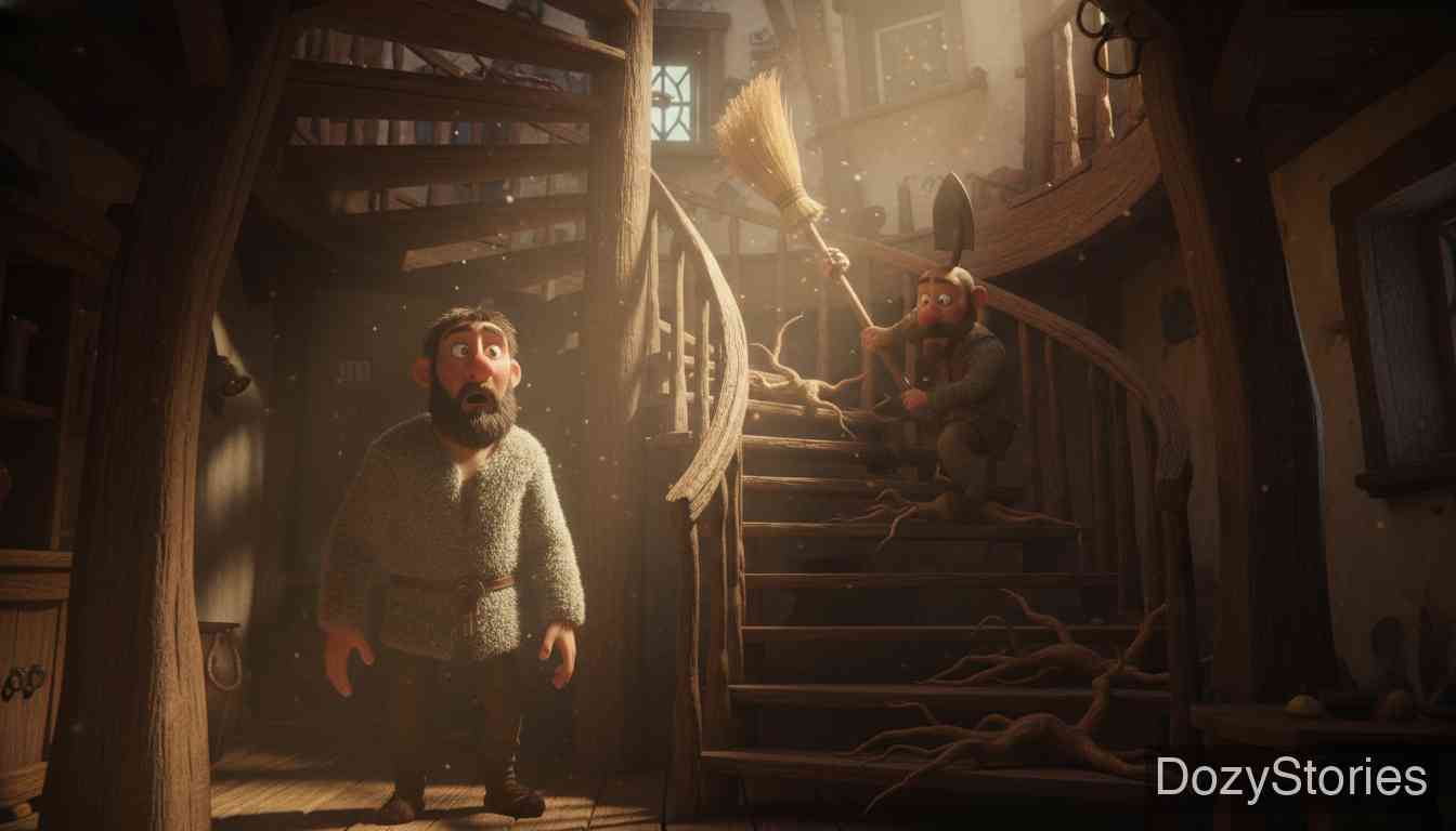 教父 - 他去拜访教父,在楼梯上看见争吵的扫帚铲子和死人手指。 - 场景插画 3