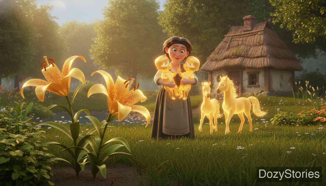 金娃娃 - 渔夫第三次钓到金鱼,按照指示将其切块,结果长出了两朵金百合、两匹金马驹,还生了两个金娃娃。孩子们长大后决定离家闯荡。 - 场景插画 2