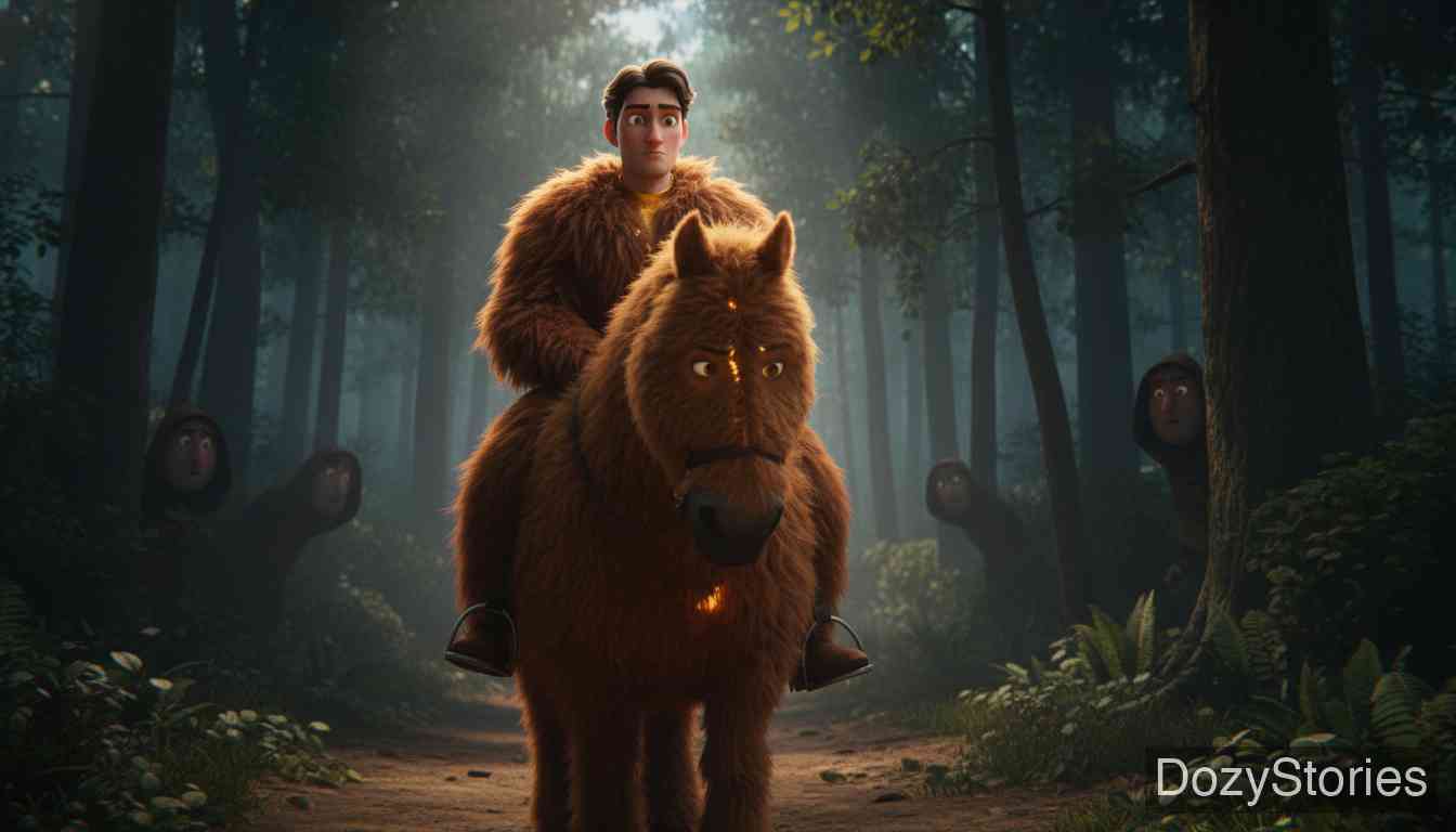 金娃娃 - 金孩子披上熊皮伪装自己穿过森林,来到一个村庄并爱上了一位美丽的姑娘。他们结了婚,但岳父起初误以为他是流浪汉,差点杀了他。 - 场景插画 3