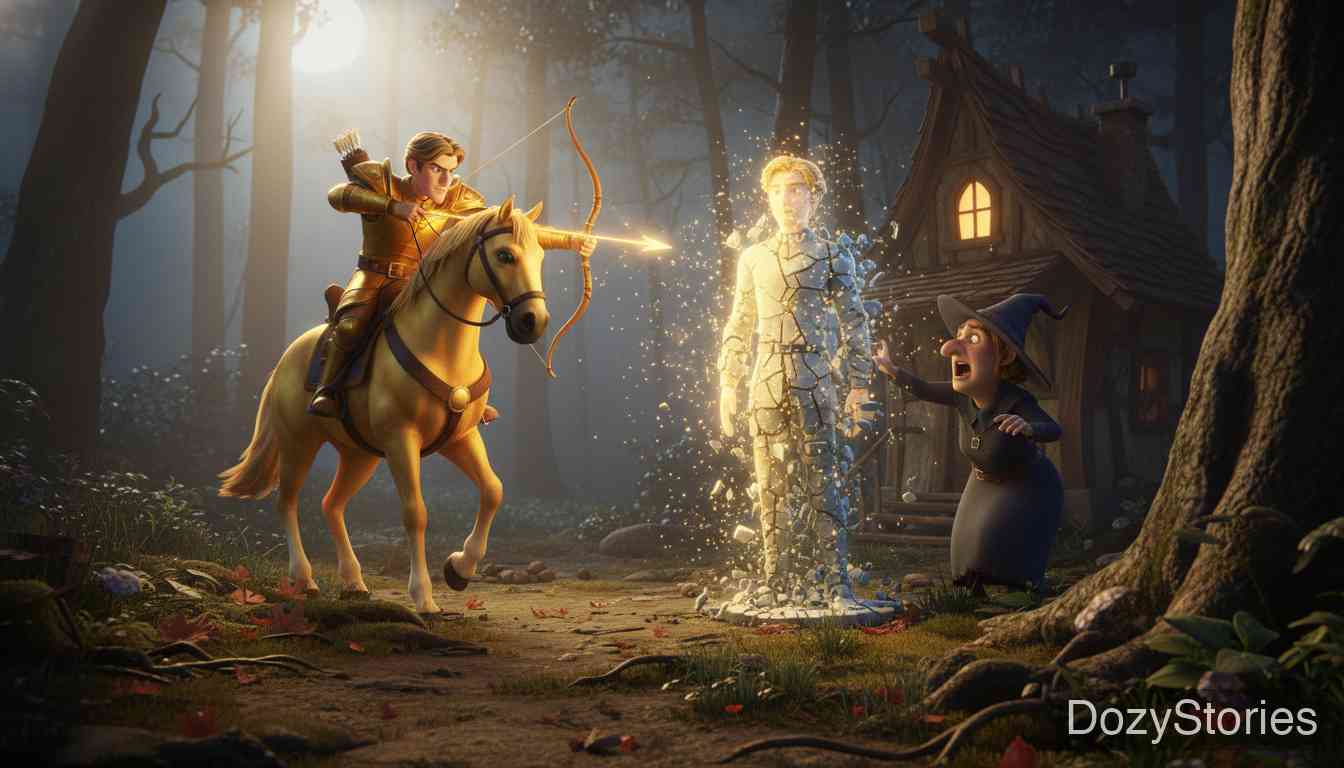 金娃娃 - 家里的兄弟看到金百合枯萎,知道兄弟遇难,便骑着金马赶来救援。他威胁女巫,迫使她将变成石头的兄弟恢复原形,两人最终团聚。 - 场景插画 5