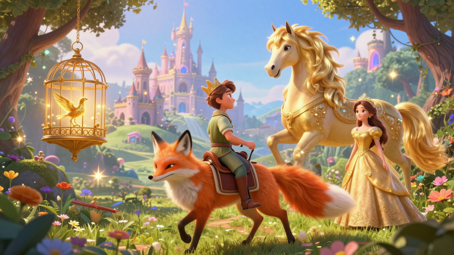 金鸟 - 小儿子听从狐狸的忠告，但在取金鸟和金马时都因自作聪明而失败被捕 - 场景插画 3