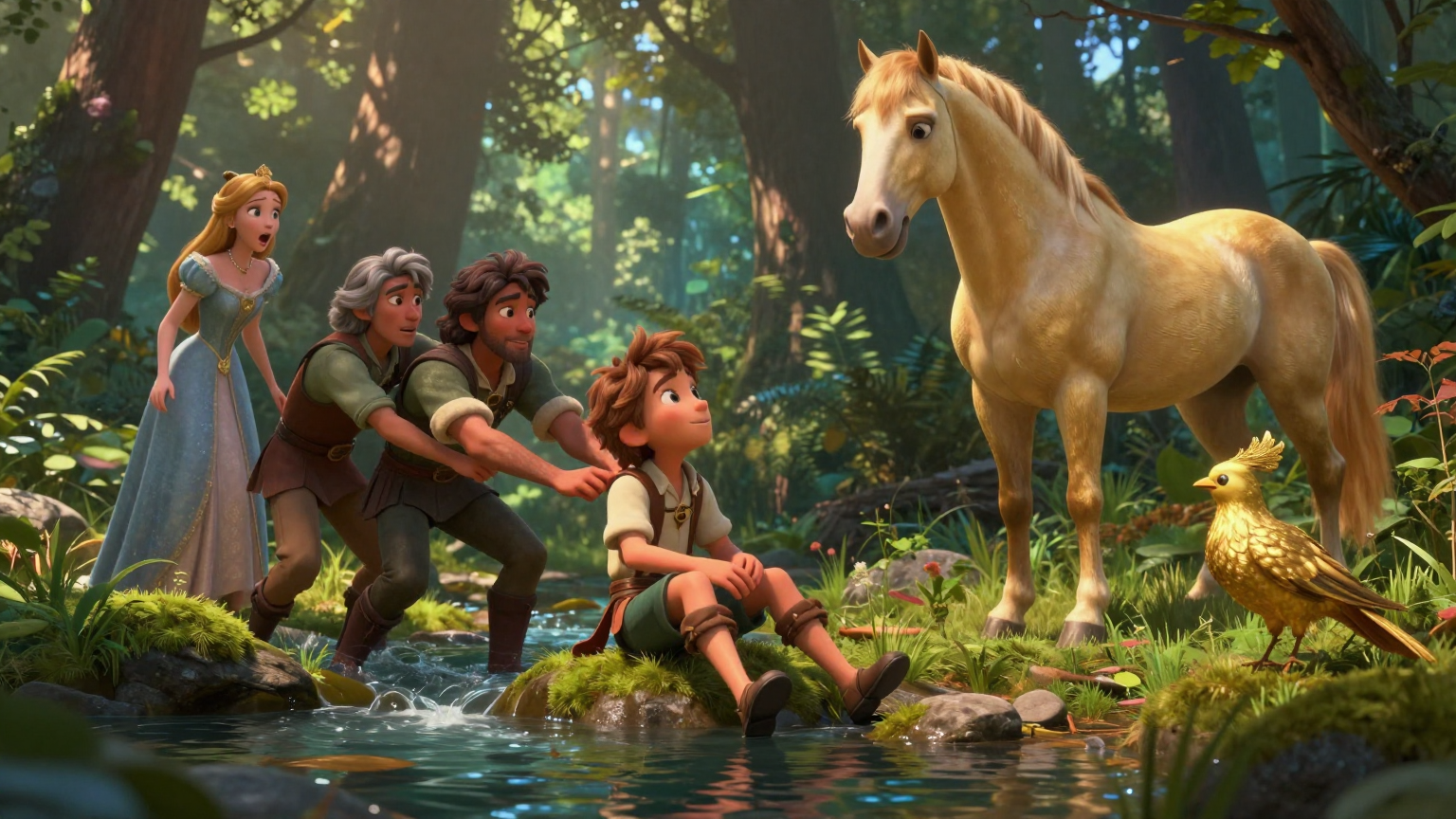 金鸟 - 年轻人第三次失败后，在狐狸帮助下完成移山任务，最终获得公主和金马 - 场景插画 4