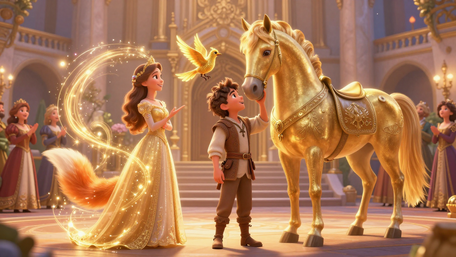 金鸟 - 狐狸揭示真实身份，年轻人获得所有宝藏，邪恶的哥哥受到惩罚，从此幸福地生活 - 场景插画 5