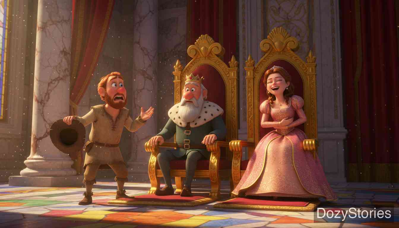 极好的买卖 - 农夫讨债不成反被屠夫赶走，他向国王申冤时逗笑了公主，国王许诺给他“五百”作为奖赏。 - 场景插画 3