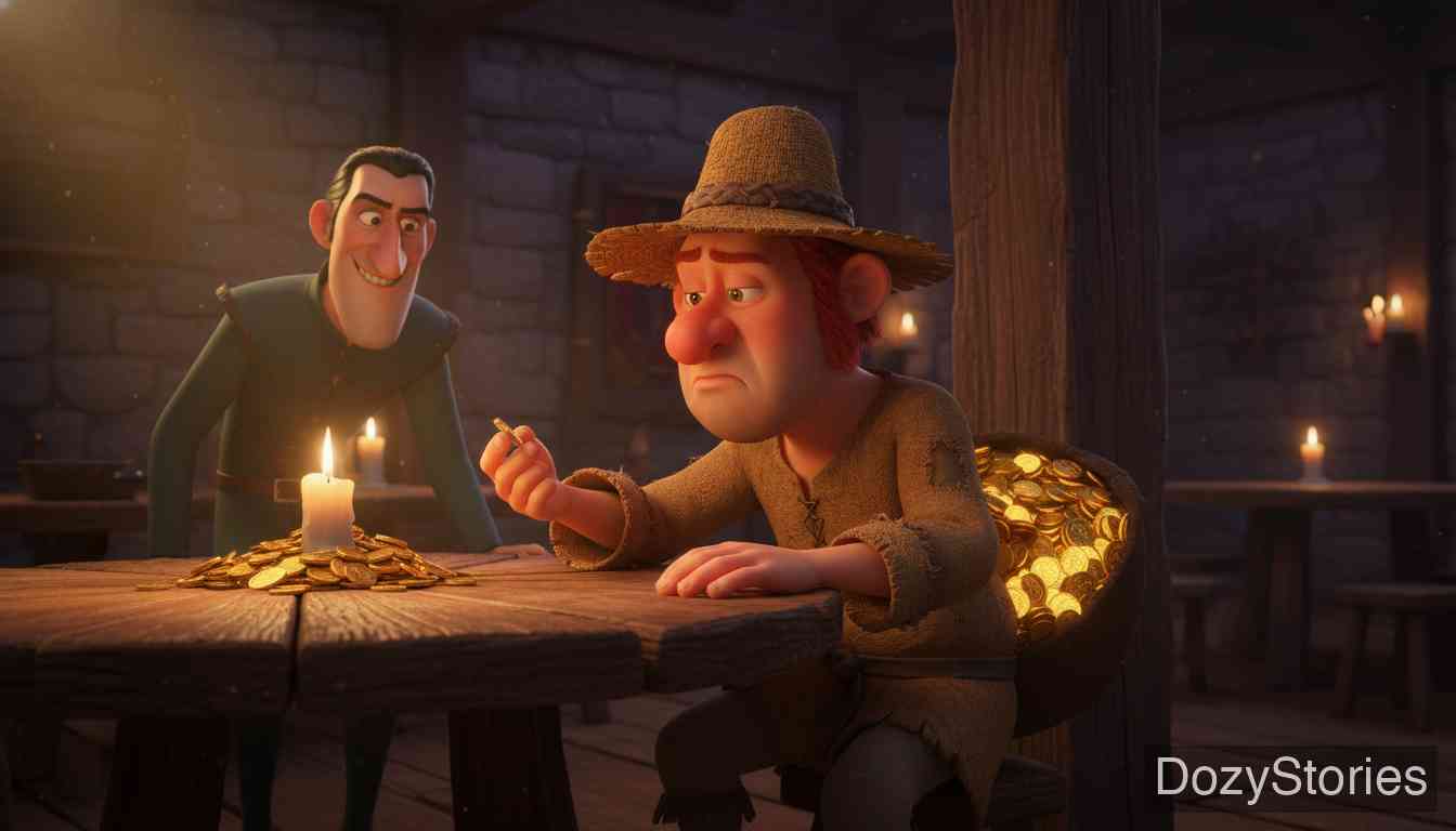 极好的买卖 - 农夫把“五百”奖赏分给了贪心的士兵和犹太人，自己反而得到了真正的金子，却被犹太人因抱怨国王而告发。 - 场景插画 4