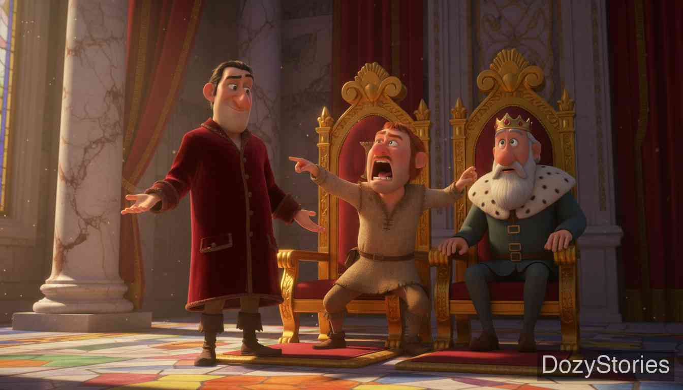 极好的买卖 - 农夫借了犹太人的外套去见国王，反称犹太人说谎连外套也是他的，最终不仅免于责罚，还赢得了金钱和外套。 - 场景插画 5