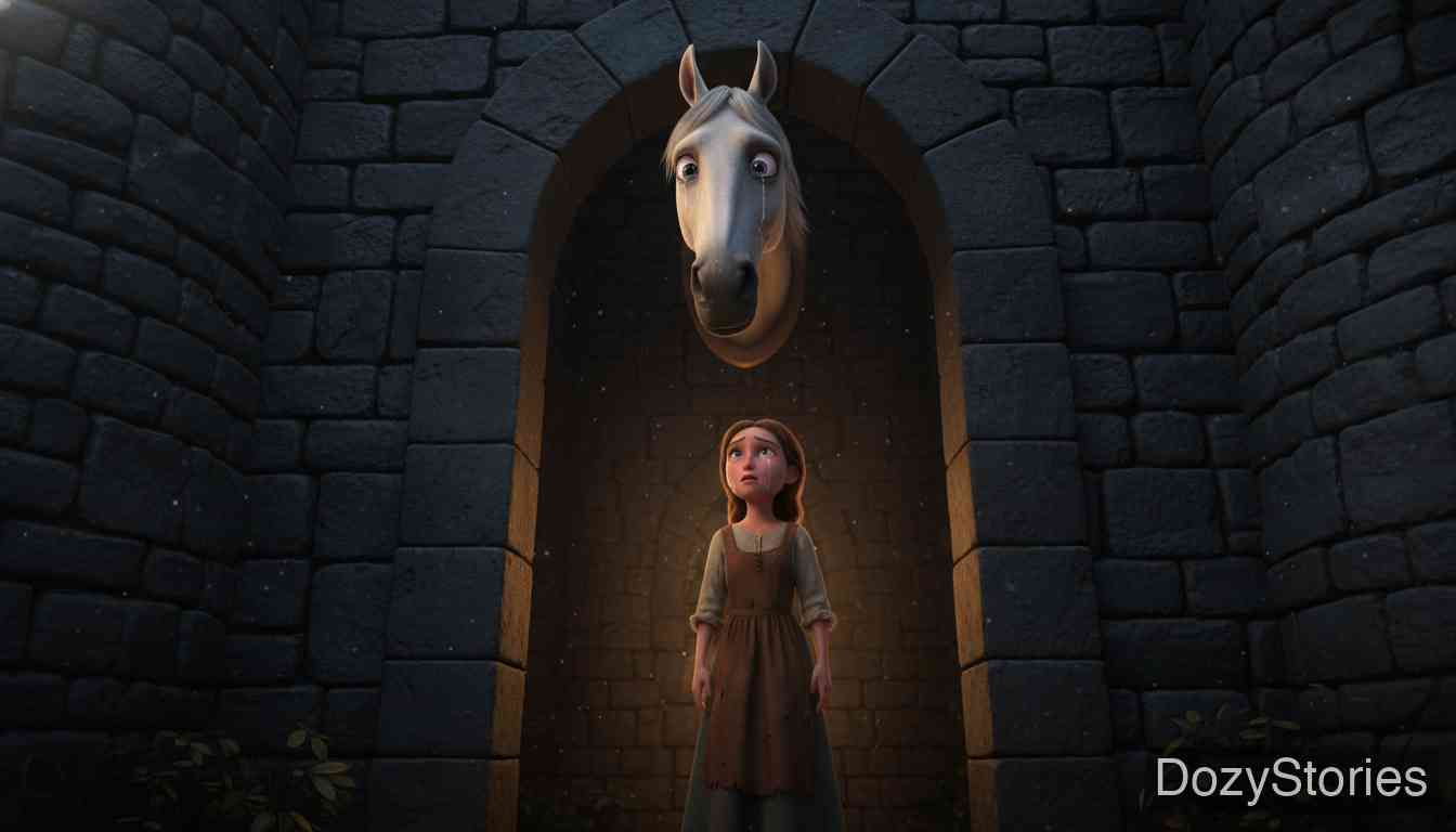 牧鹅姑娘 - 抵达皇宫后，假新娘受到了热烈欢迎，真正的公主却被派去放鹅。为了掩盖罪行，假新娘下令杀死了会说话的神马法拉达。 - 场景插画 2