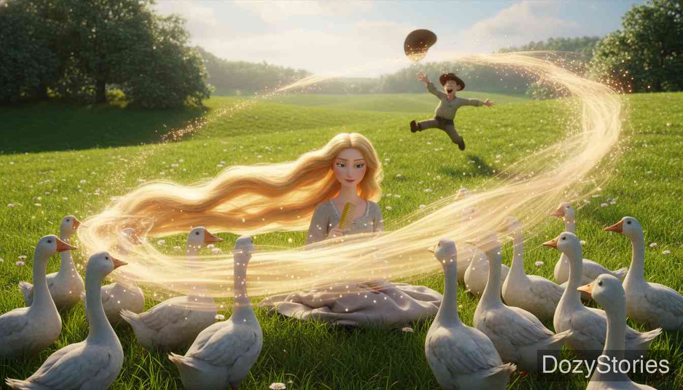 牧鹅姑娘 - 每天早上，牧鹅姑娘都会与门楼上法拉达的头对话。在草地上，她展现出神奇的力量，召唤风吹走康拉德的帽子，以免他拔走自己金色的头发。 - 场景插画 3