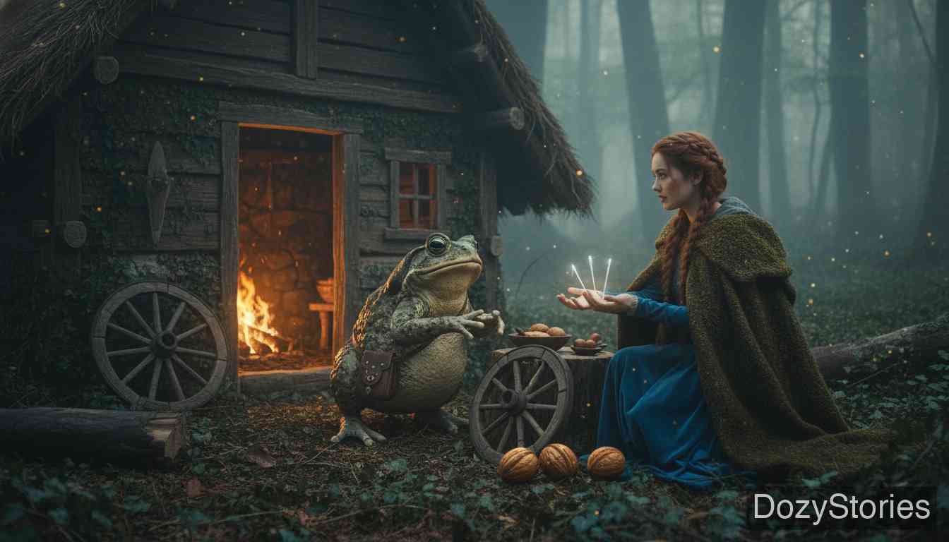 铁炉子 - 绝望的公主在森林中发现了一间住着蟾蜍的小木屋。神奇的蟾蜍不仅给了她食宿，还赠予她三件宝物——三根针、一个犁轮和三颗坚果，以帮助她找回爱人。 - 场景插画 3