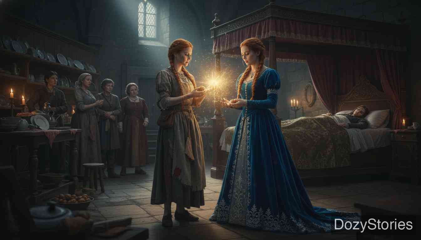 铁炉子 - 公主利用宝物跨越了玻璃山、剑阵和湖泊，来到城堡成为洗碗女工。她用坚果里的华服换取在王子房中过夜的机会，但王子被下了迷药，无法听到她的哭诉。 - 场景插画 4