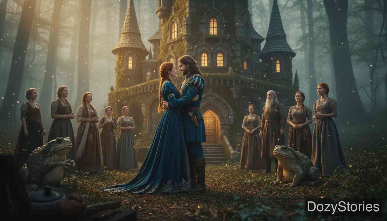 铁炉子 - 第三晚，王子没有喝下迷药，终于认出了救他的公主。两人连夜逃回森林小屋，发现蟾蜍们变回了人类，小屋也变成了宏伟的城堡，从此幸福地生活。 - 场景插画 5