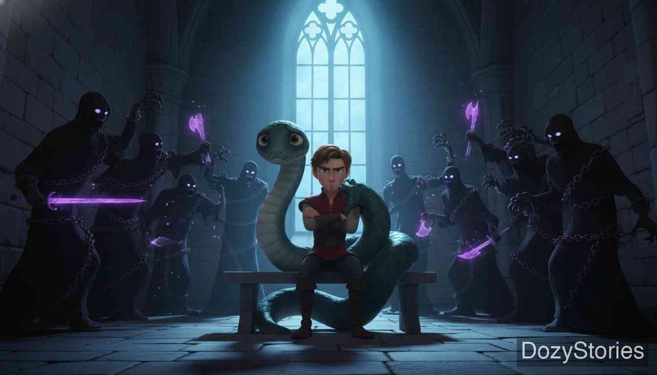 金山王 - 在城堡里，他遇到了一位变成蛇的公主。为了解救她，他忍受了黑人连续三夜的折磨且一言不发。最终公主恢复人形，用生命之水救活了他，两人成婚，他成为了金山王。 - 场景插画 3