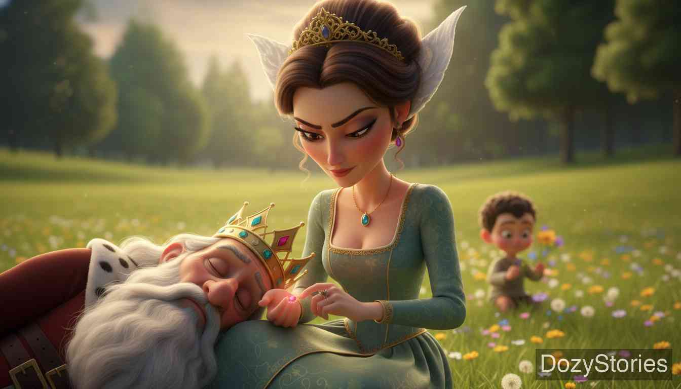 金山王 - 八年后，金山王想家了，带着王后给的许愿戒指回去探亲。因父亲不信他是国王，他一怒之下违背承诺，把妻儿召唤到了身边，结果导致王后心生怨恨，趁他睡觉时偷走戒指，带着孩子和城堡逃回了自己的王国。 - 场景插画 4