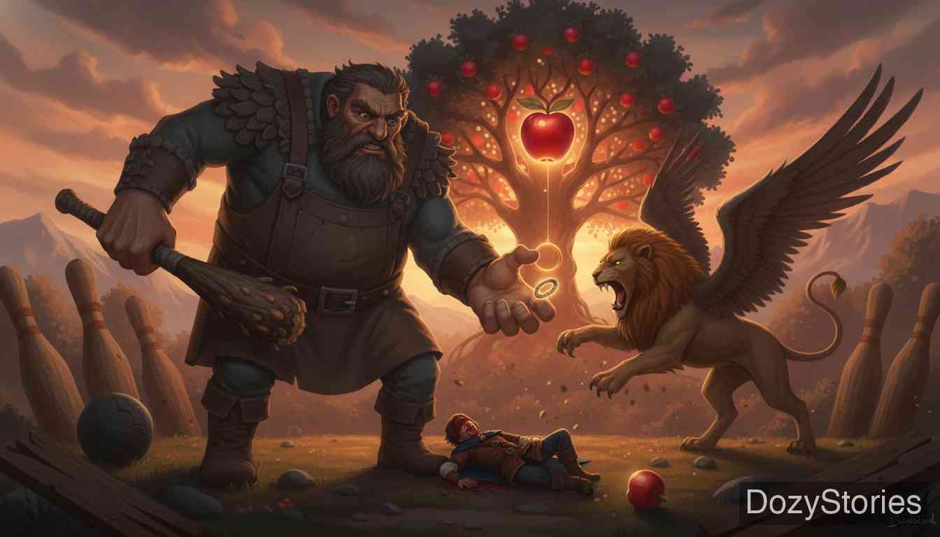 无所畏惧的王子 - 王子将苹果交给巨人，但巨人企图抢夺魔戒。巨人使诈弄瞎了王子的双眼，并试图害死他，幸得狮子忠心护主。 - 场景插画 3