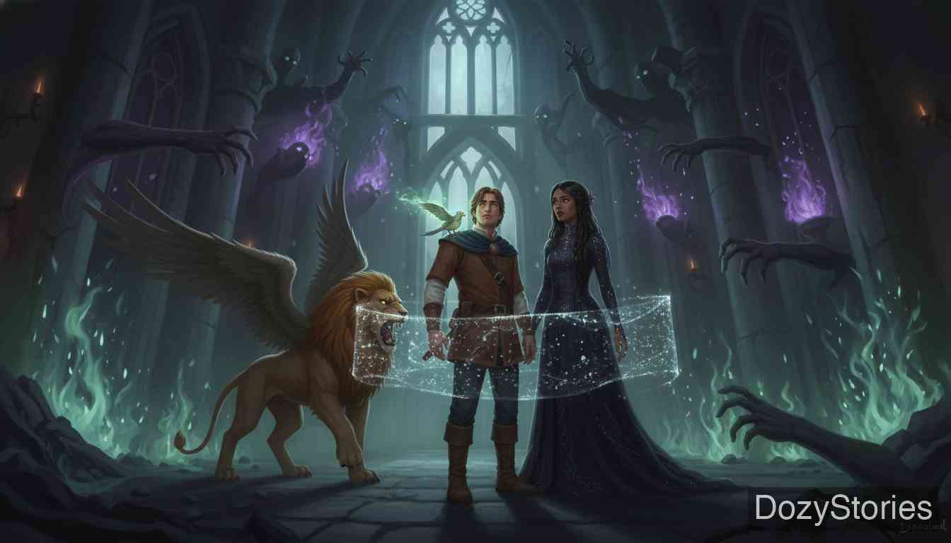 无所畏惧的王子 - 王子在狮子和神鸟的指引下重见光明，随后进入一座被诅咒的城堡，遇见黑皮肤的少女，并熬过了第一夜的折磨。 - 场景插画 4