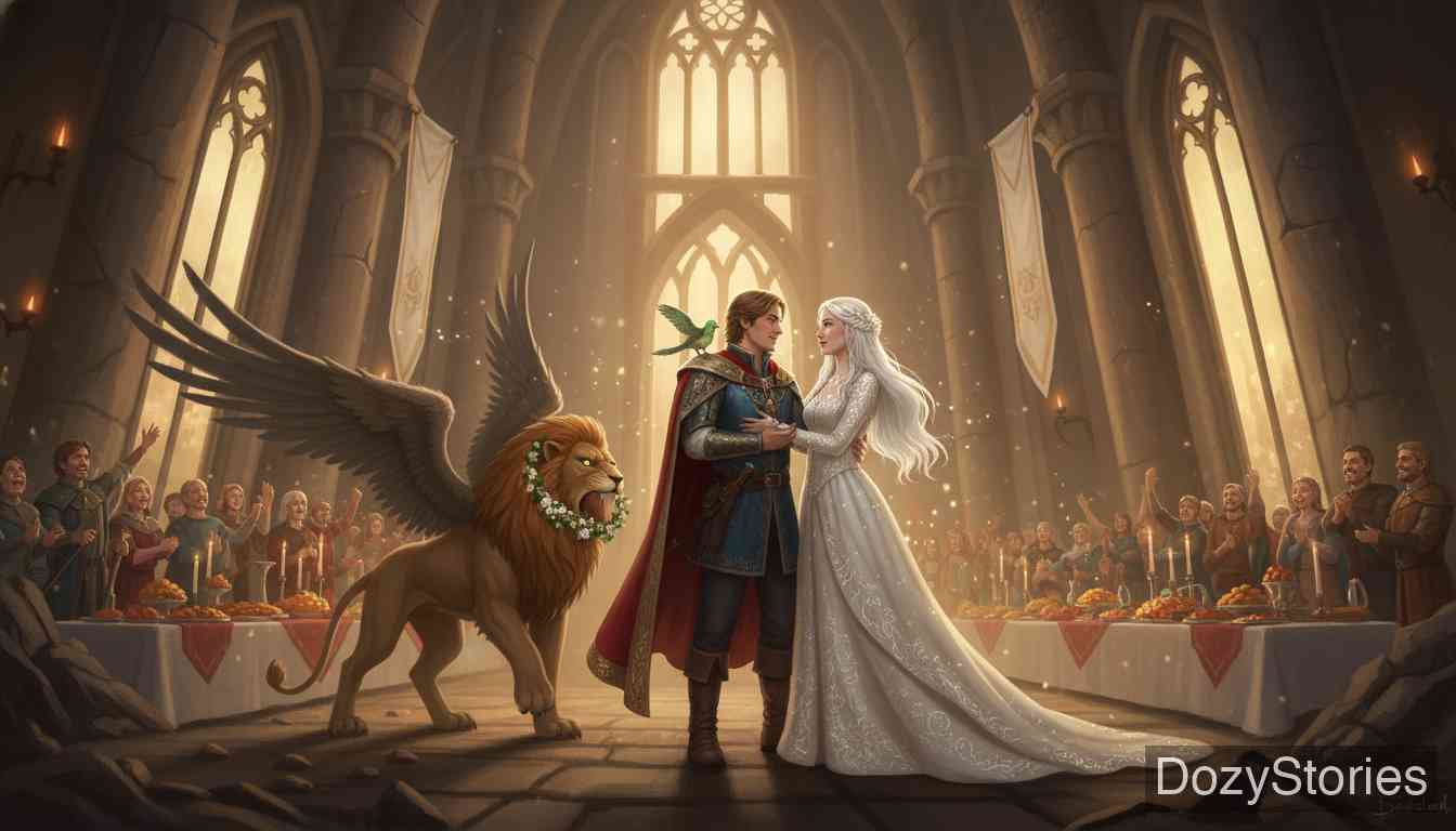 无所畏惧的王子 - 王子忍受了更加残酷的两个夜晚，彻底解除了诅咒。少女变回了纯白的公主，两人举行了盛大的婚礼。 - 场景插画 5