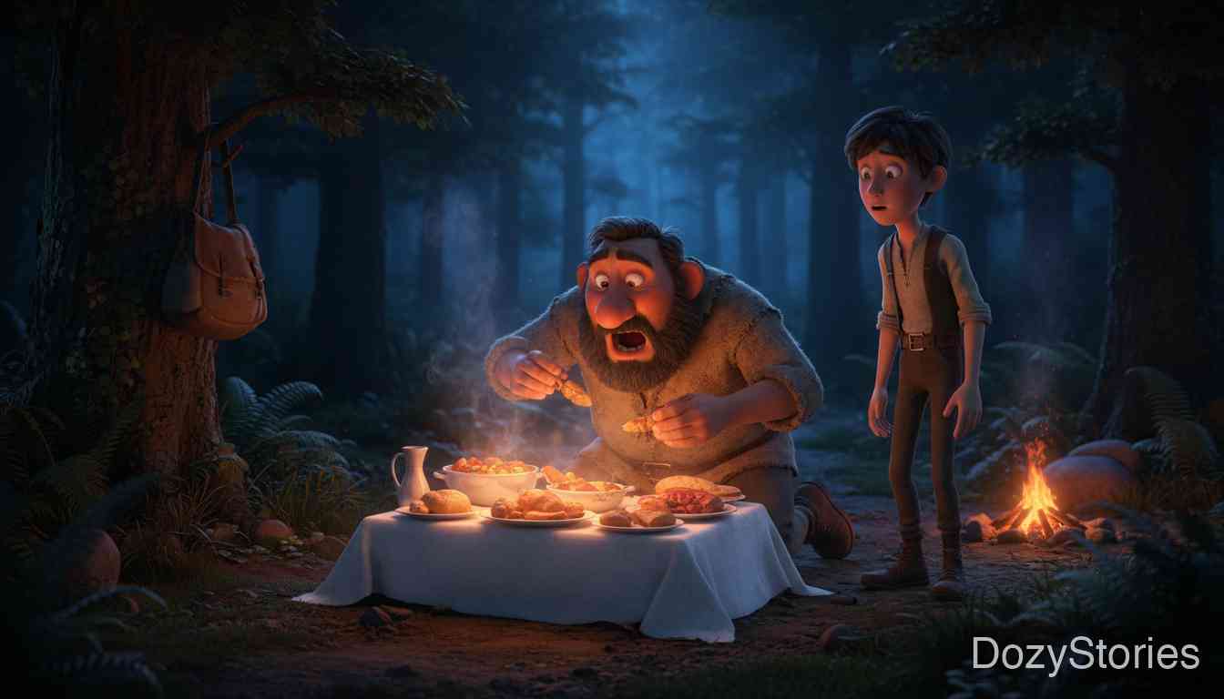 背囊、帽子和号角 - 老三遇到一个烧炭工，用美食换取了一个能召唤士兵的旧背囊，随后又命令士兵夺回了宝贵的桌布。 - 场景插画 2