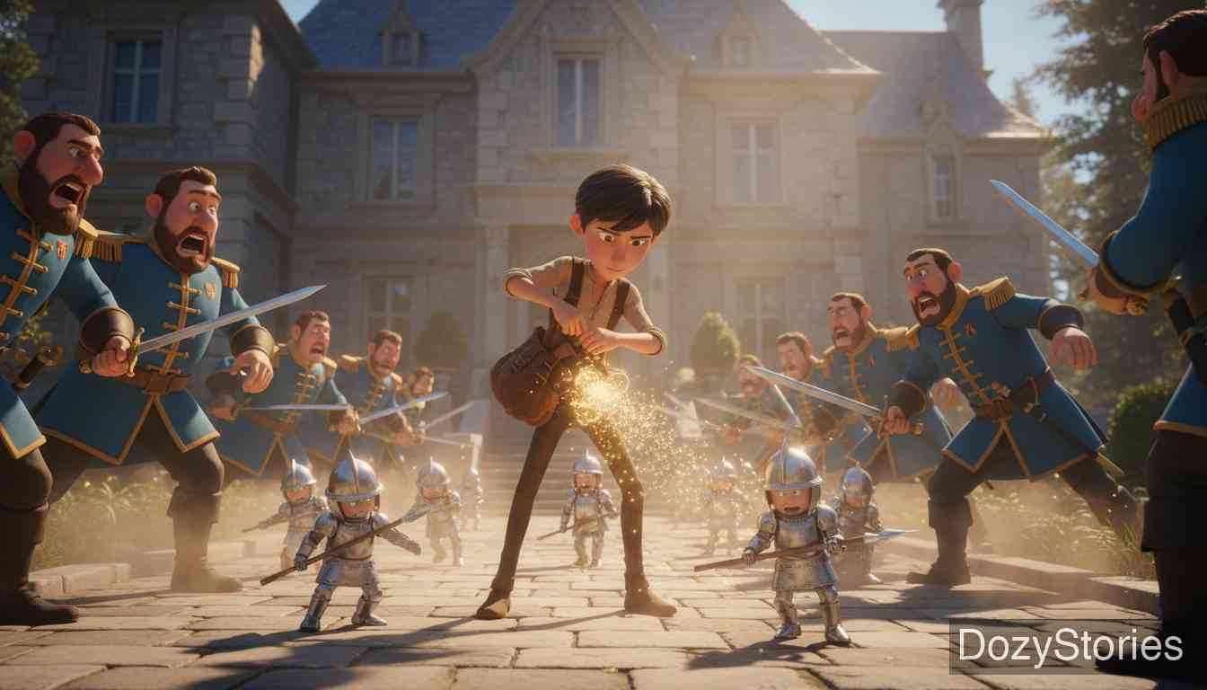 背囊、帽子和号角 - 回到家乡后，他被哥哥们嘲笑，于是他利用背囊召集军队打败了哥哥和国王的军队，强迫国王将公主嫁给他。 - 场景插画 4