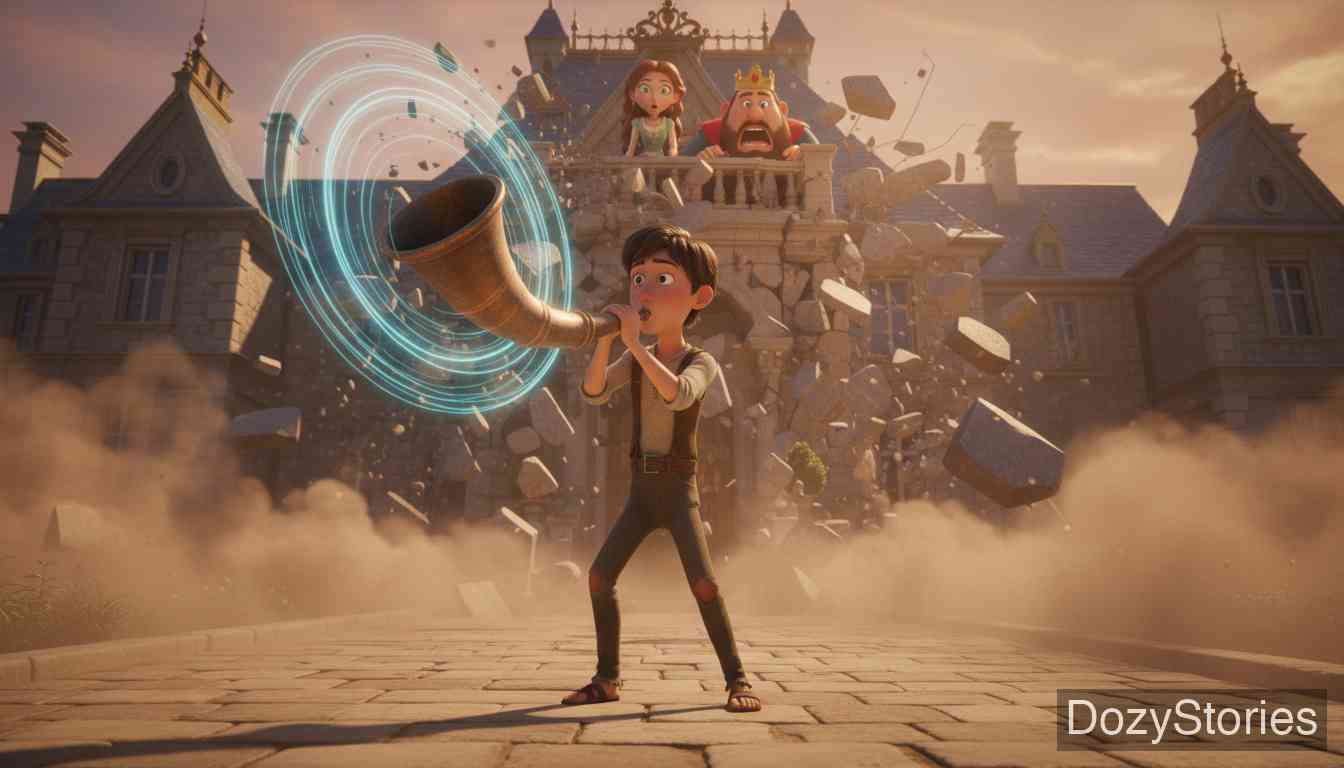 背囊、帽子和号角 - 公主企图偷走他的宝物，但他利用剩下的号角摧毁了宫殿和敌人，最终成为了整个国家的国王。 - 场景插画 5