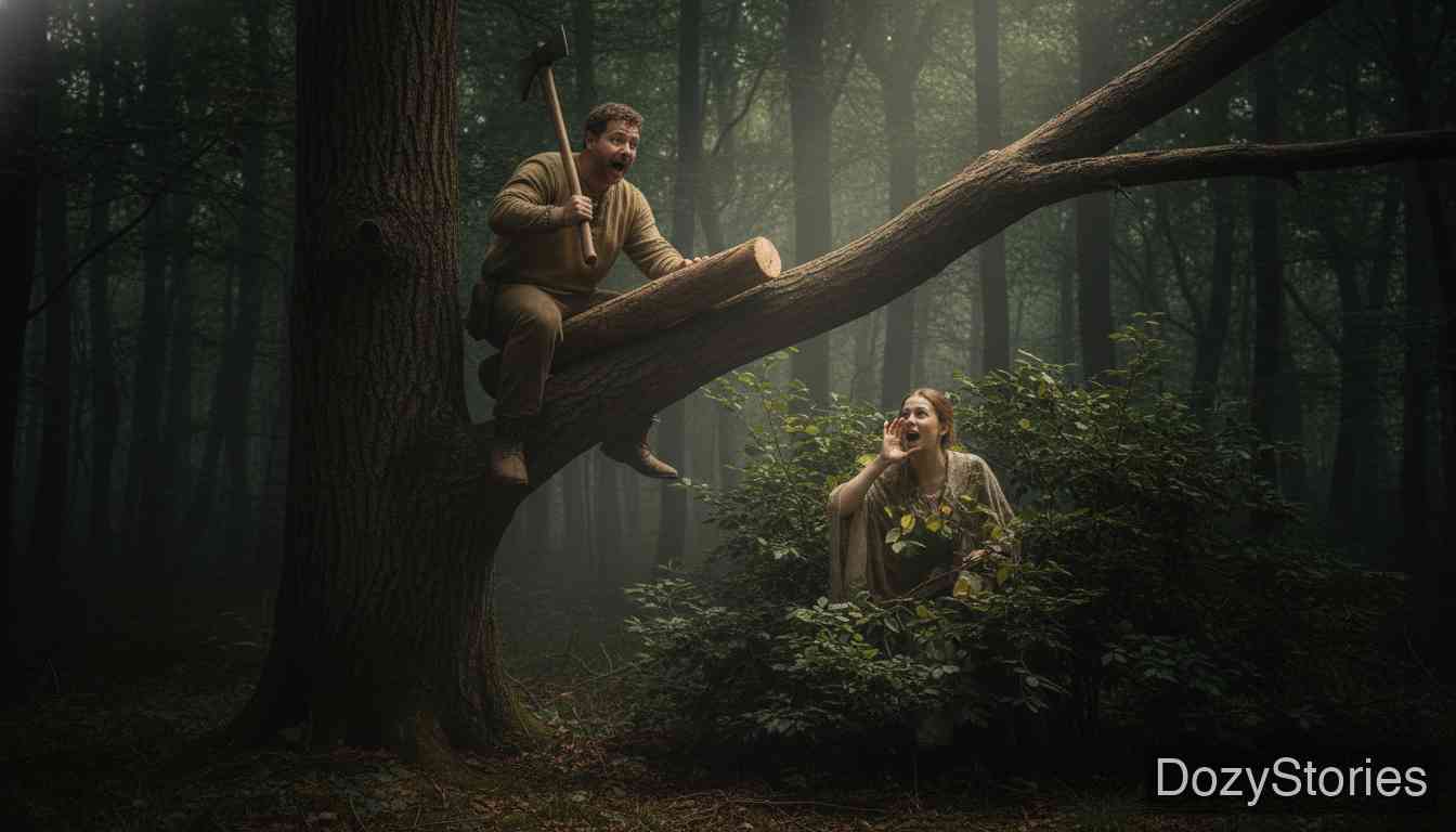 懒惰的纺纱女 - 妻子躲在灌木丛中装神弄鬼，三次高喊诅咒砍木头做轴的人。丈夫在树上听到可怕的声音，被吓得停下了手中的斧头。 - 场景插画 2