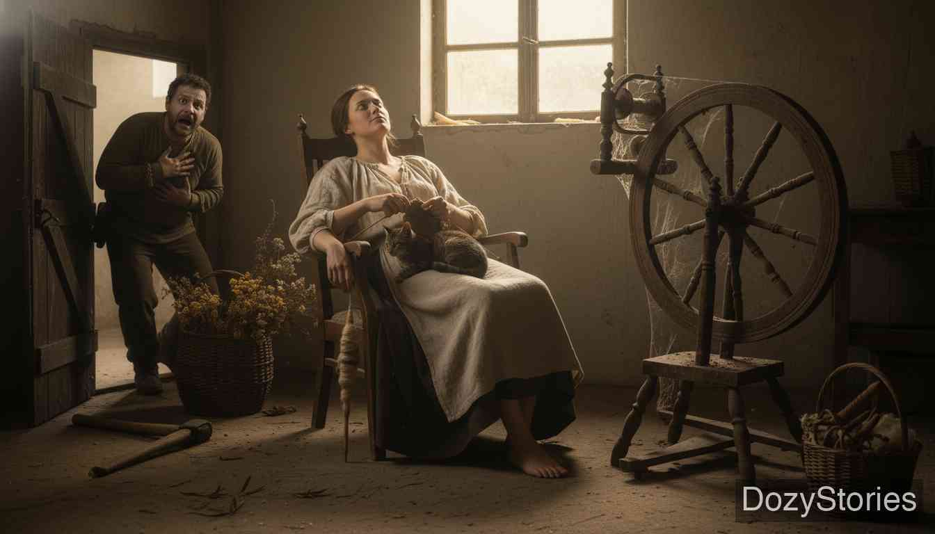 懒惰的纺纱女 - 丈夫吓得魂飞魄散，匆忙下树回家。妻子抄小路先跑回家，装作若无其事的样子。丈夫告诉她森林里的怪事，决定不再提做绕线轴的事。 - 场景插画 3