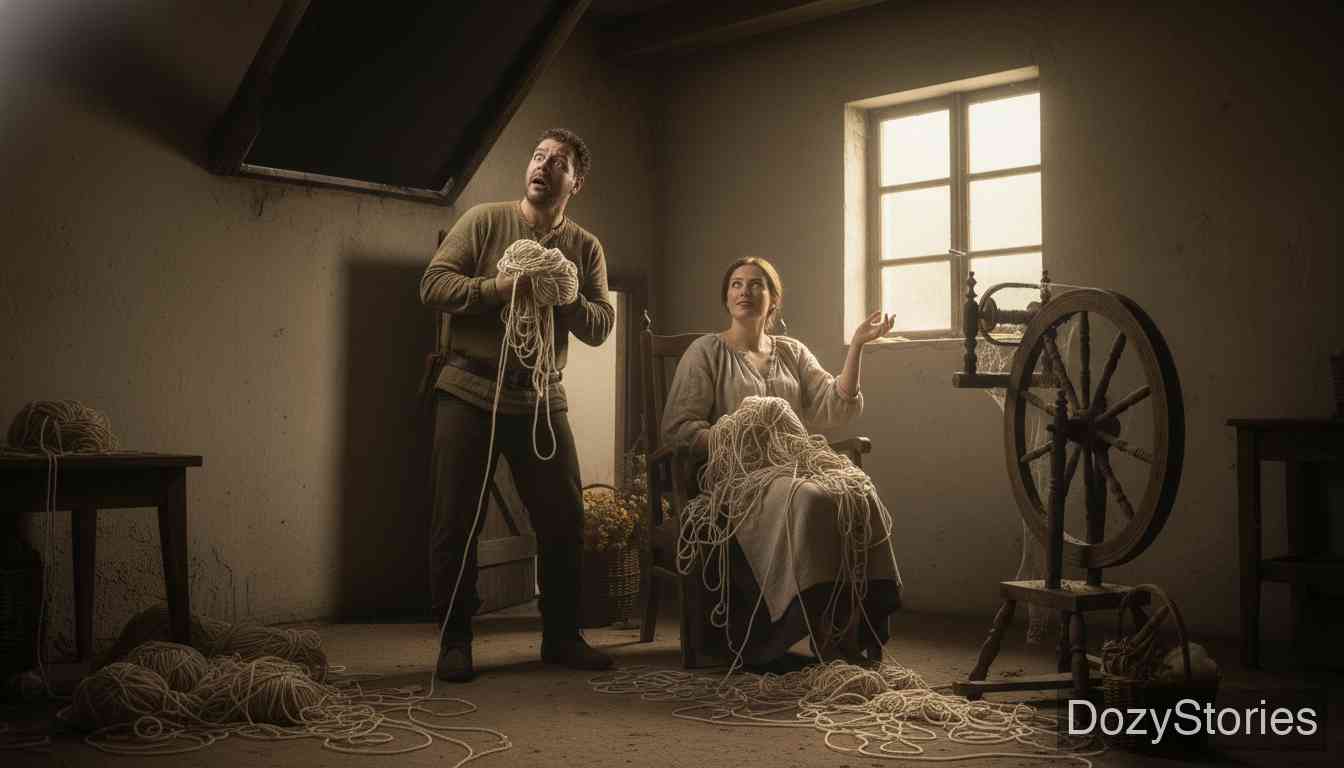 懒惰的纺纱女 - 过了一段时间，丈夫又抱怨乱糟糟的纱线。妻子提议两人分别站在阁楼和楼下，把纱线抛来抛去来绕好，以此敷衍过去，随后又在心里盘算新的诡计。 - 场景插画 4