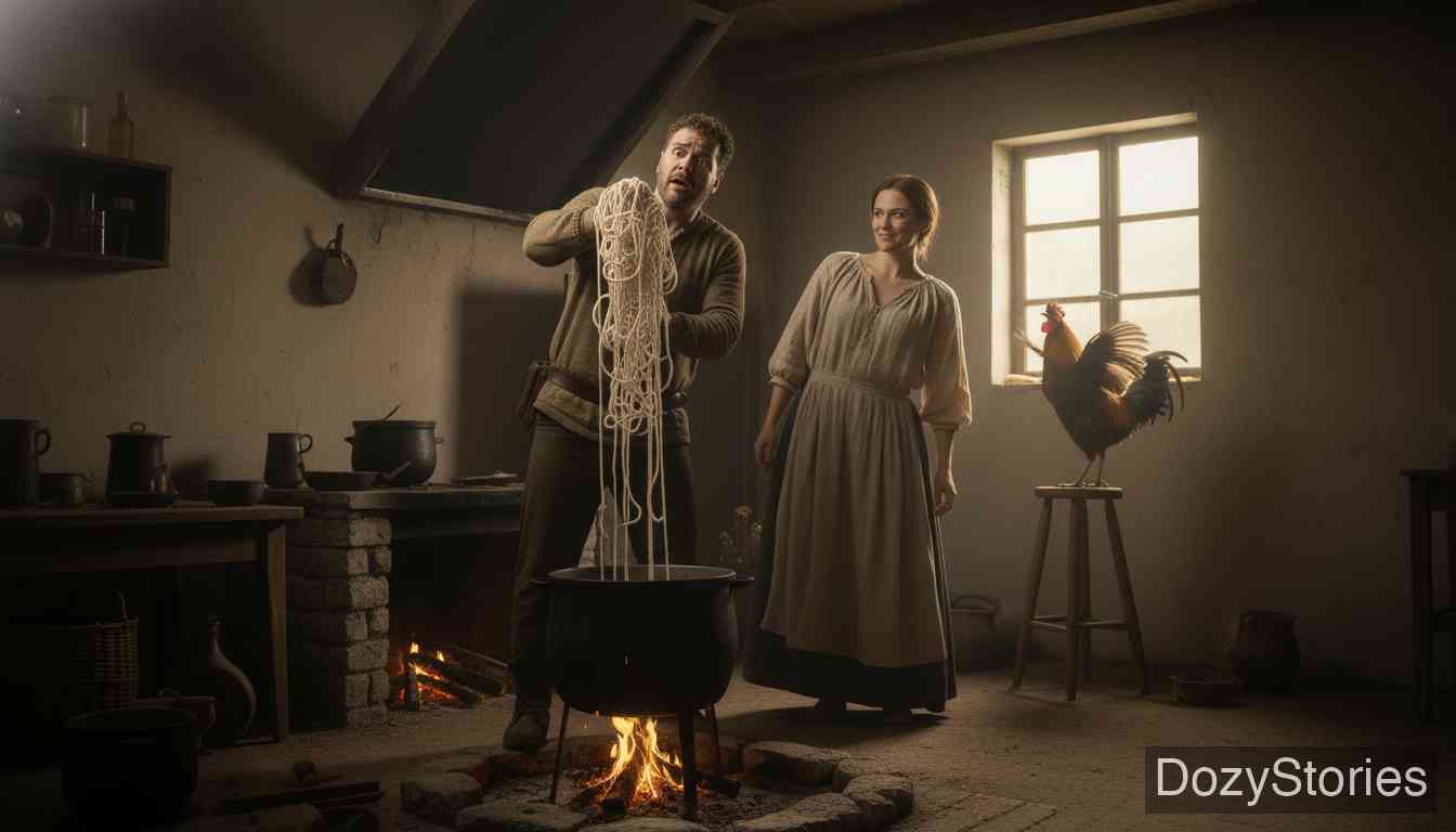 懒惰的纺纱女 - 清晨，妻子把一团乱麻放进锅里煮，并谎称如果公鸡打鸣时丈夫没在看管，纱线就会变成乱麻。丈夫赶去看时只发现乱麻，以为是自己的错，从此再也不敢提纺纱的事。 - 场景插画 5