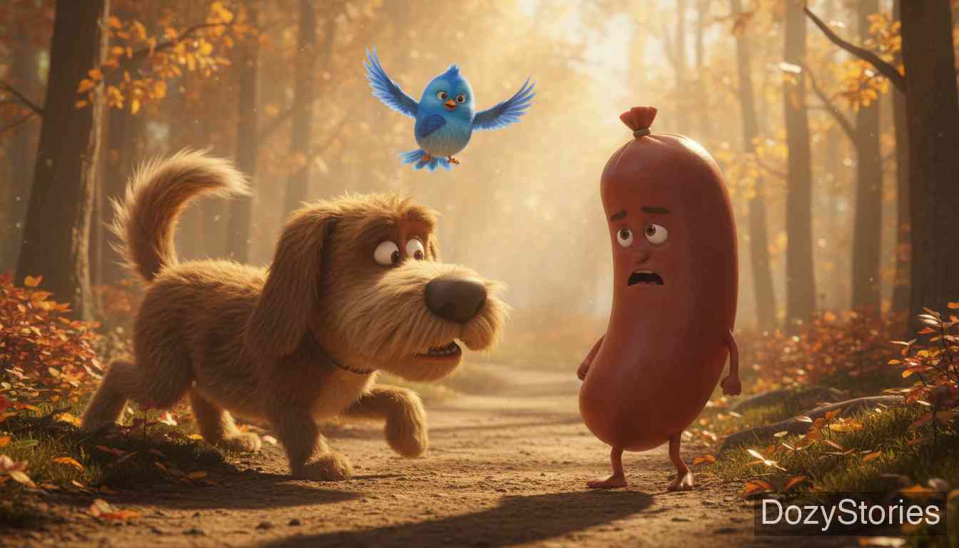 老鼠、小鸟和香肠 - 香肠在森林里遭遇不幸，被一只恶狗吃掉，第一个悲剧发生了。 - 场景插画 3