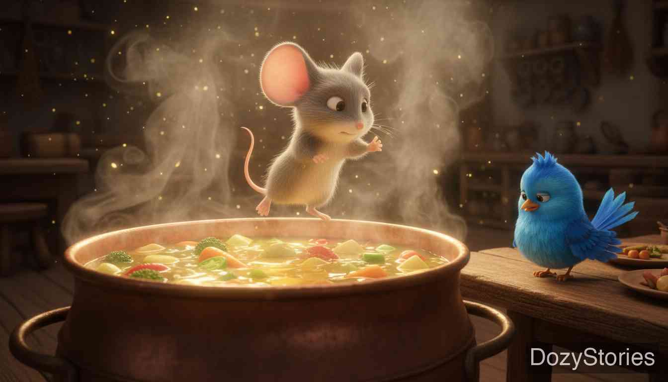 老鼠、小鸟和香肠 - 幸存的老鼠模仿香肠烹饪时跳进锅里，却不幸丧命。 - 场景插画 4