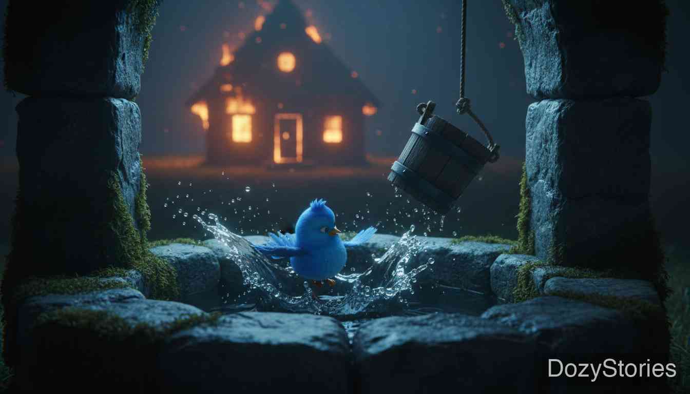 老鼠、小鸟和香肠 - 小鸟在混乱中引发了火灾，最终在取水时溺死于井中，故事以全军覆没告终。 - 场景插画 5