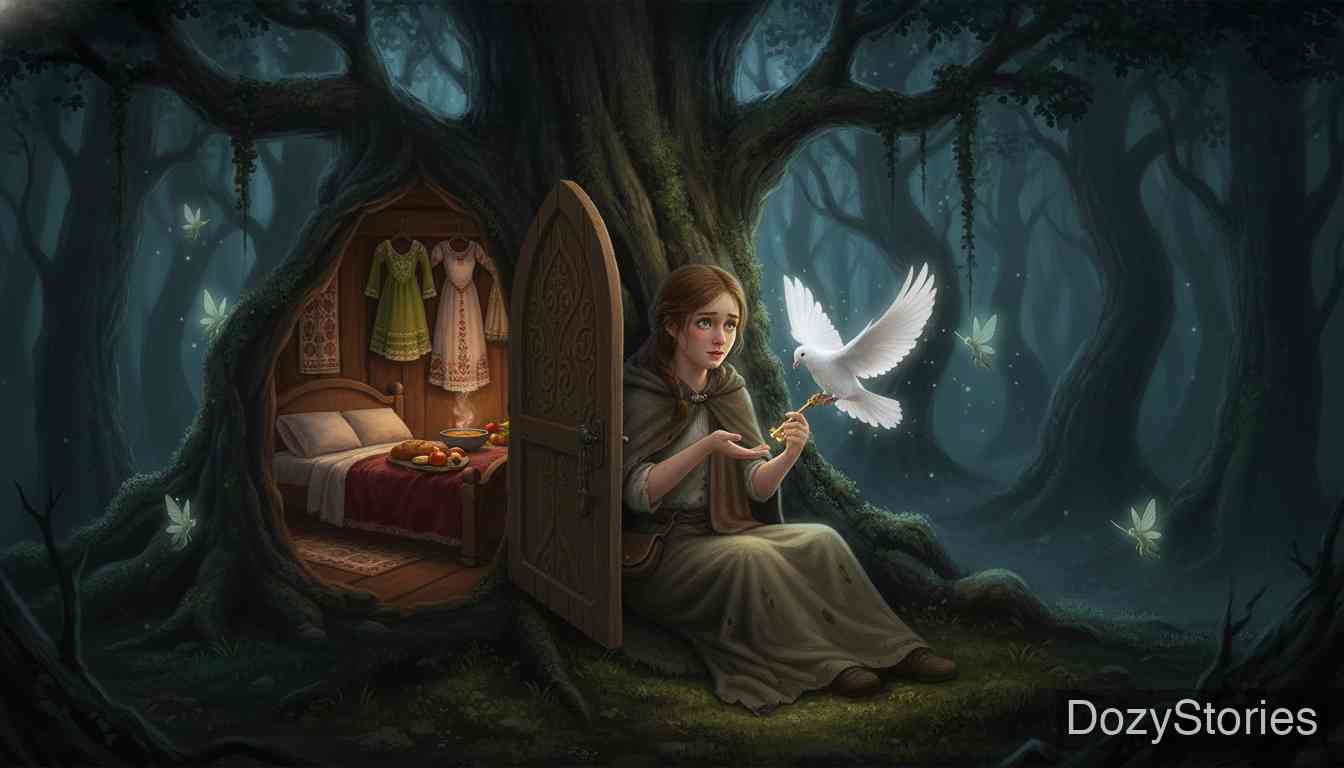 森林里的老妇人 - 一只白鸽衔来金钥匙，神奇地打开树木，为女孩提供了食物、床铺和华丽的衣服，她在森林里过上了安宁的生活。 - 场景插画 2