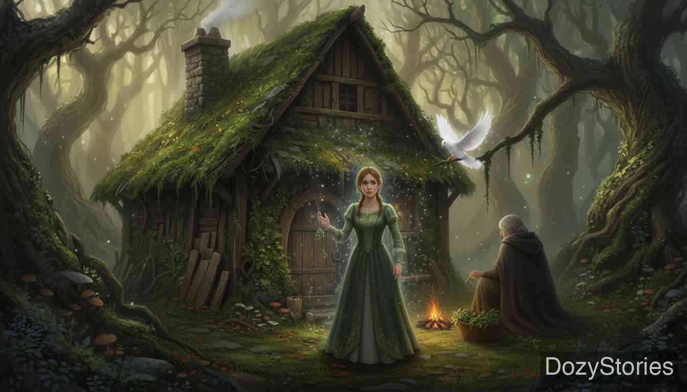 森林里的老妇人 - 白鸽请求女孩帮忙，指引她去一间小屋。它警告女孩不要理会里面的老妇人，径直去找一枚朴素的戒指。 - 场景插画 3