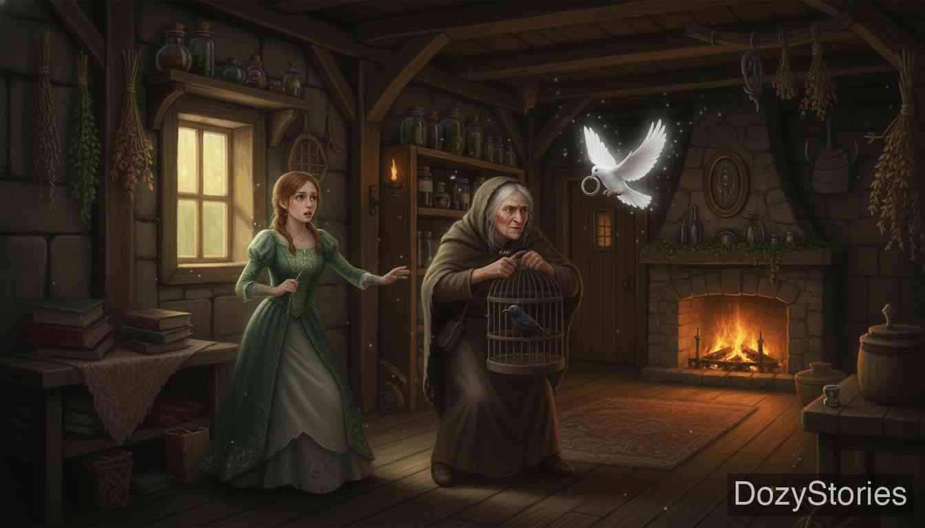 森林里的老妇人 - 女孩无视巫婆的阻拦闯入房间寻找戒指。她发现巫婆正试图带着一个装有鸟儿的笼子溜走，而那只鸟嘴里正叼着那枚戒指。 - 场景插画 4