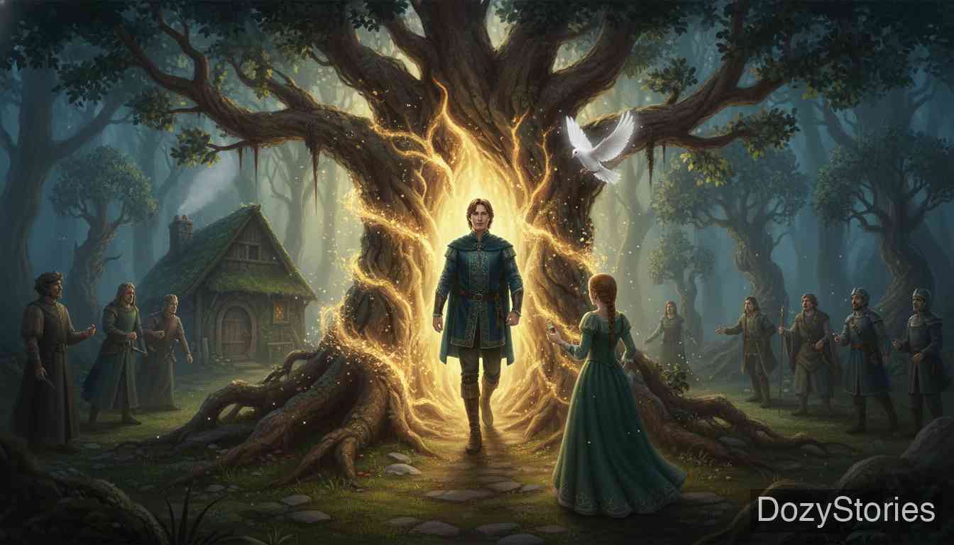 森林里的老妇人 - 女孩带着戒指回到树下等待。突然，她倚靠的大树变成了一位王子，原来他和仆人们都被变成了树木，如今咒语解除，两人喜结连理。 - 场景插画 5