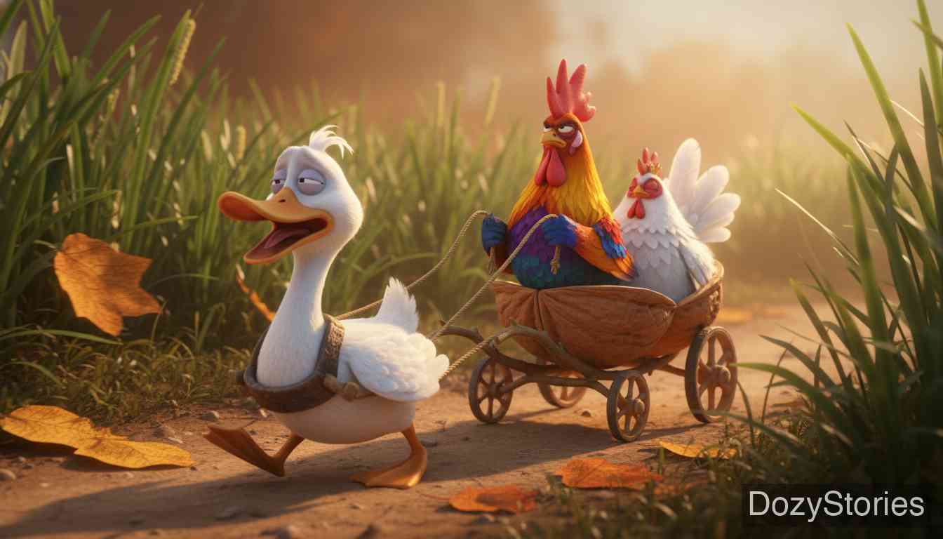 流氓无赖 - 一只鸭子愤怒地指责他们偷坚果并攻击公鸡，公鸡勇敢反击战胜了鸭子，作为惩罚，鸭子被迫拉起了马车。 - 场景插画 2