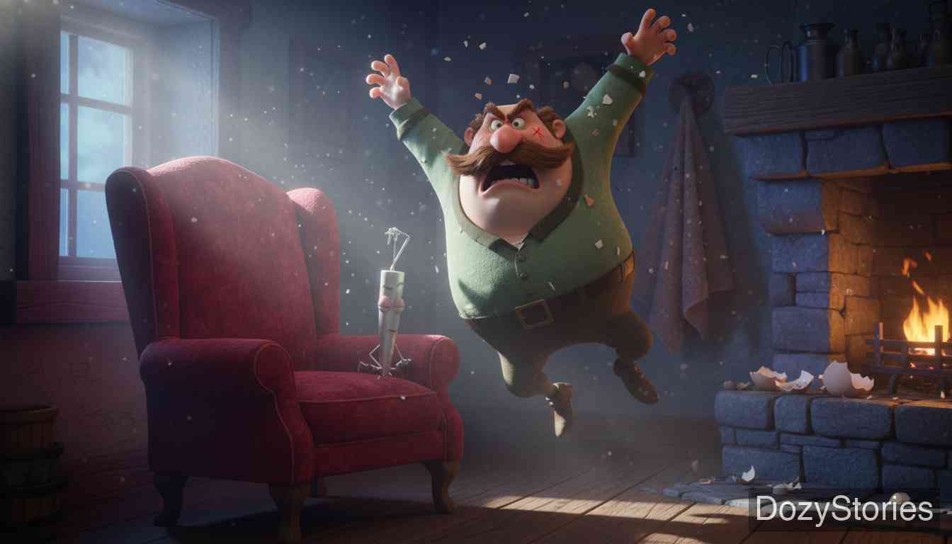 流氓无赖 - 鸭子也顺着小溪逃跑了。店主起床后接连遭受暗算：脸上被大头针划，眼里进蛋壳，屁股被缝衣针扎，愤怒的他发誓不再接待这类流氓。 - 场景插画 5