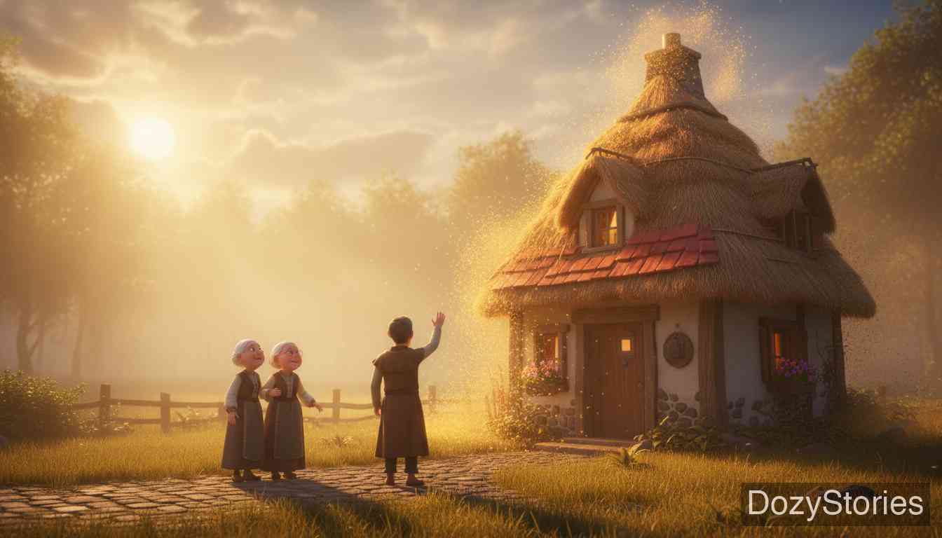 穷人和富人 - 第二天早上，上帝为了回报穷人的善良，许诺满足他们三个愿望。他们祈求了永恒的幸福、健康和温饱，并将旧茅屋换成了新房子。 - 场景插画 2