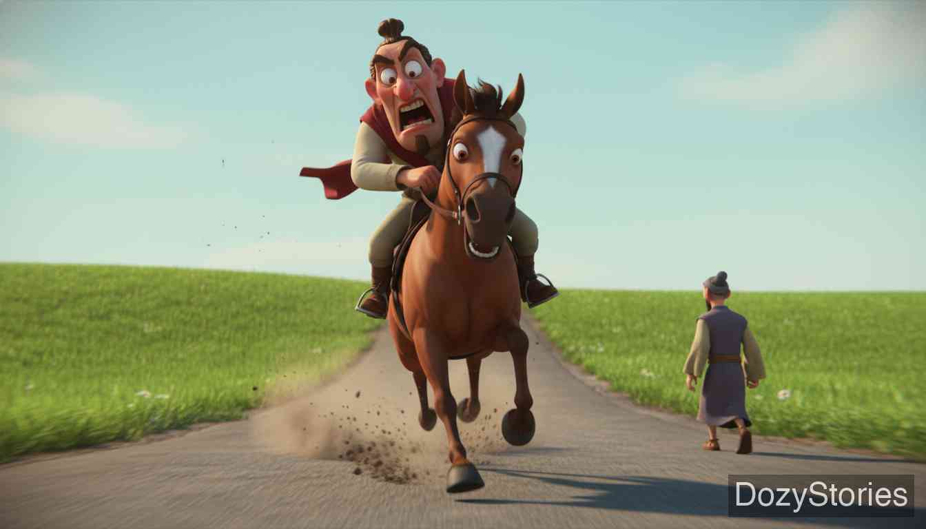 The Poor Man and the Rich Man - The rich man awakes to find the poor hut replaced by a new house. Regretting his refusal, he chases the Lord on horseback at his wife's urging and insists on also getting three wishes, which the Lord reluctantly grants. - Scene Illustration 3