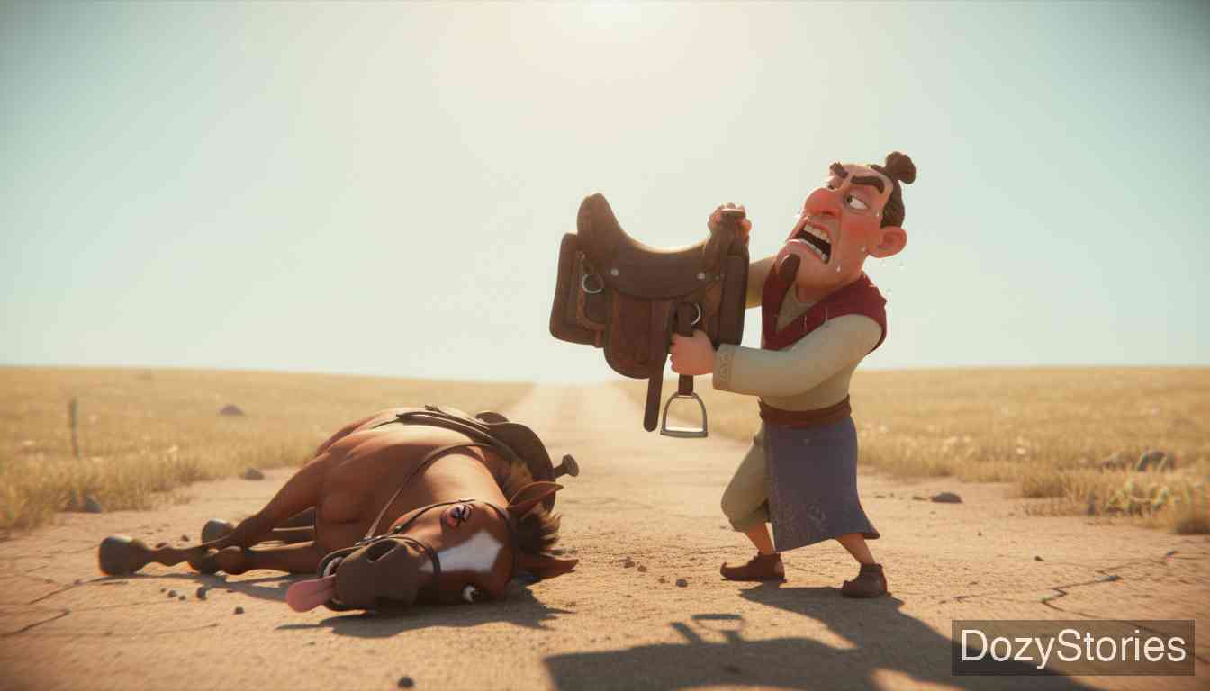 The Poor Man and the Rich Man - On his ride home, the rich man cannot concentrate on his wishes due to his skittish horse. Impatiently, he wishes the horse's neck broken, and instantly his first wish comes true. The horse dies, and he is forced to carry the saddle on foot. - Scene Illustration 4