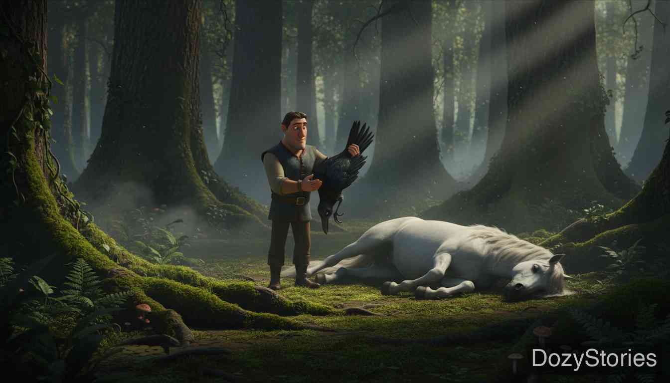 The Riddle - The witch tries to poison the Prince but kills his horse instead. The servant takes the raven that died eating the horse. - Scene Illustration 2