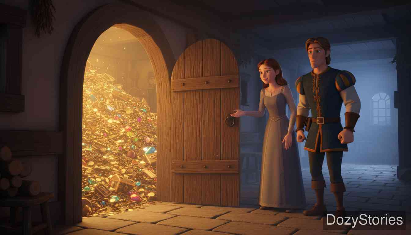 谜语 - 他们在一家黑店投宿,强盗们喝了用毒乌鸦煮的汤后全部身亡,王子救了店主的女儿。 - 场景插画 3