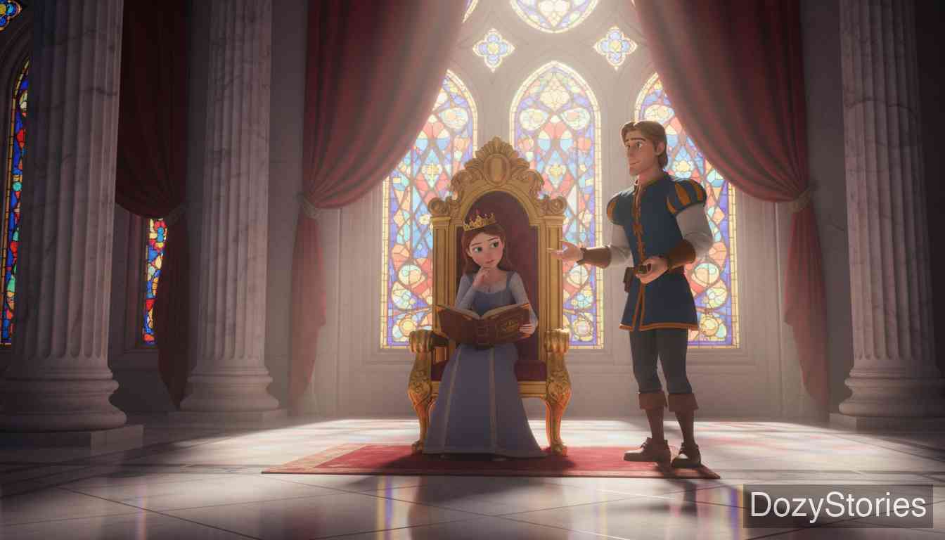 The Riddle - The Prince challenges a proud princess with a riddle. She sends maids to spy on him, but the servant chases them away. - Scene Illustration 4