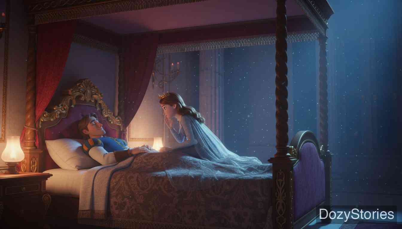 The Riddle - The Princess tries to spy herself. The Prince feigns sleep, reveals the answer, keeps her mantle as proof, and wins the contest. - Scene Illustration 5