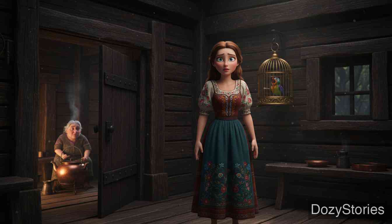 The Robber Bridegroom - The girl arrives at a dismal, lonely house in the woods, where a caged bird warns her of the evil within. - Scene Illustration 2