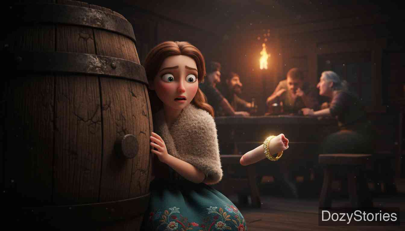 强盗新郎 - 躲在大桶后的姑娘目睹了强盗们的残暴，一枚带着金戒指的手指跳到了她的怀里。 - 场景插画 3
