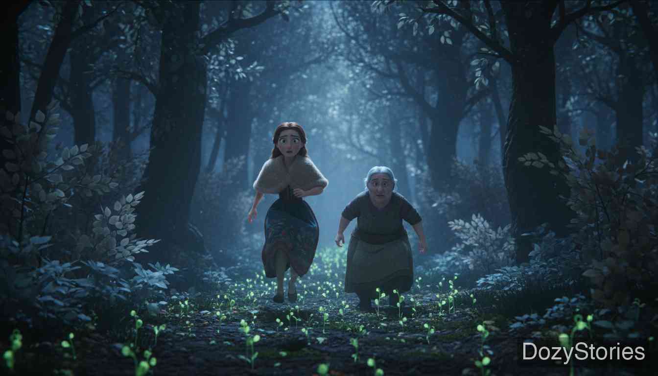 The Robber Bridegroom - Guided by the moonlit beanstalks, the girl and the old woman escape the house while the robbers sleep soundly. - Scene Illustration 4