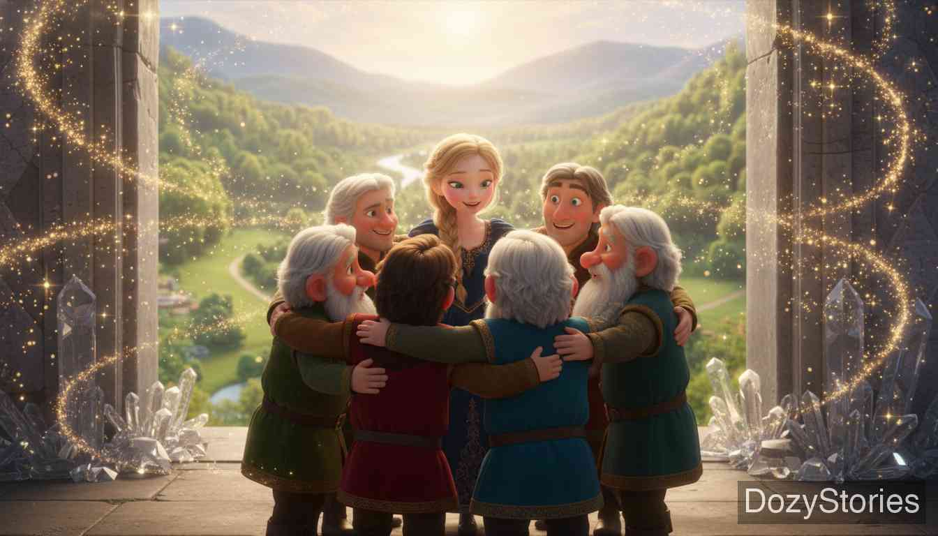 七只乌鸦 - 哥哥们发现了杯中的戒指,兄妹团聚,诅咒解除,他们一起回到了家。 - 场景插画 5